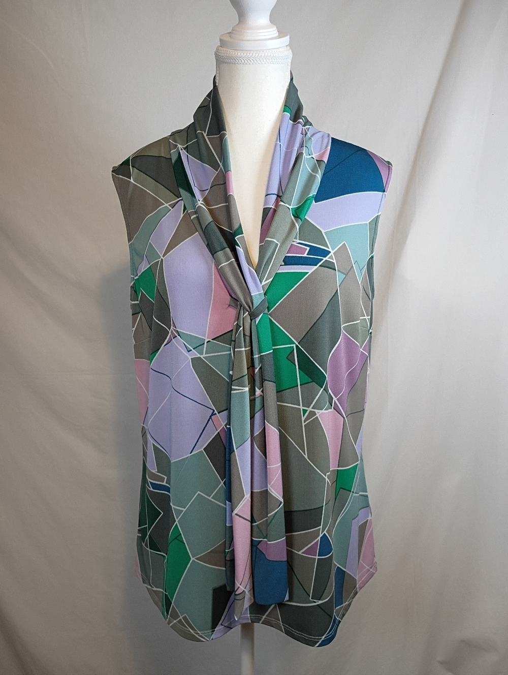 Tahari Arthur S. Levine  Women's Sz M Sleeveless Double Sash Geometric Print Top